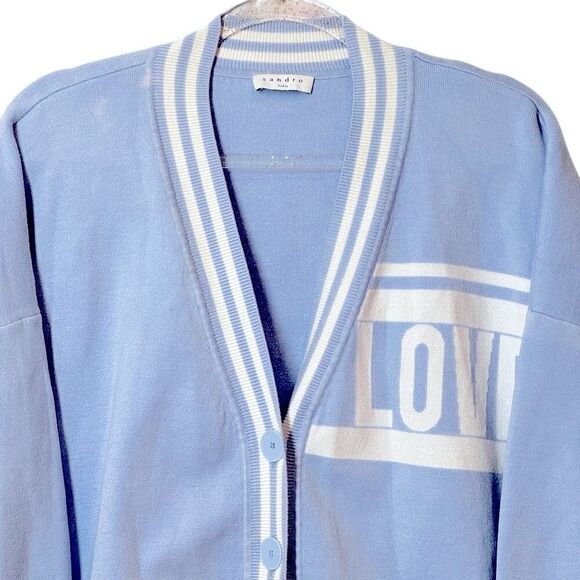 Sandro Paris Opera 'LOVE' Varsity Striped Cardigan Sweater Blue & White L - Picture 13 of 16